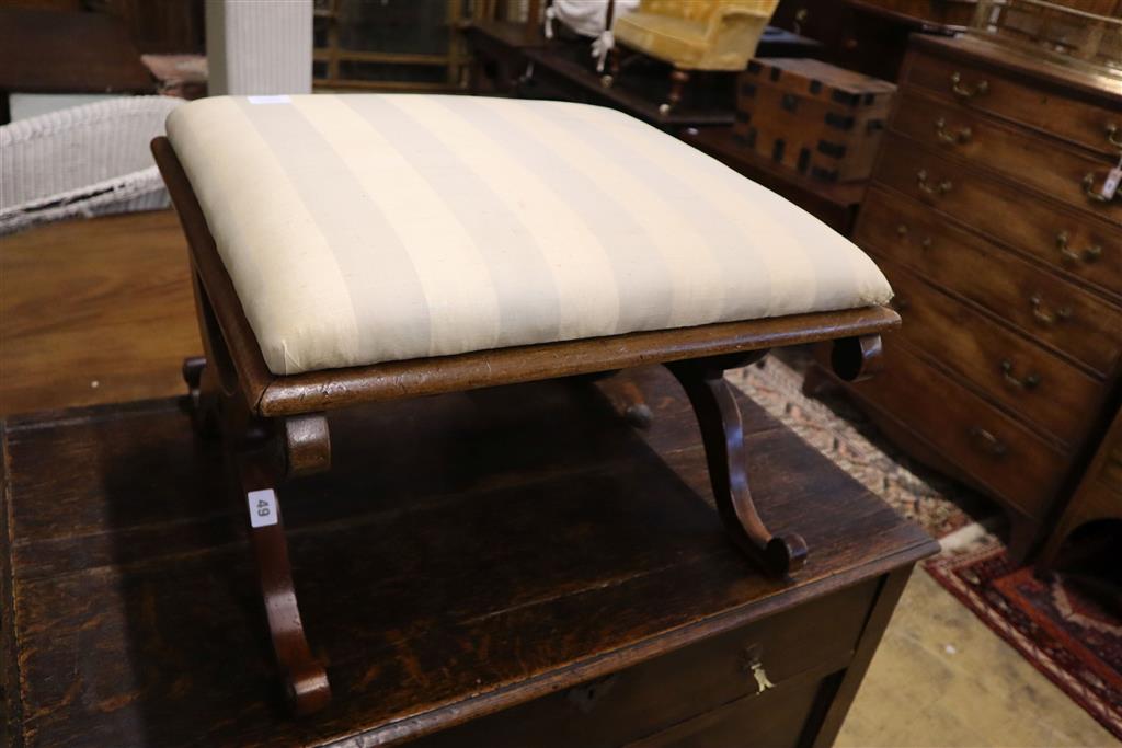 A Victorian mahogany X frame dressing stool, width 59cm, depth 54cm, height 40cm